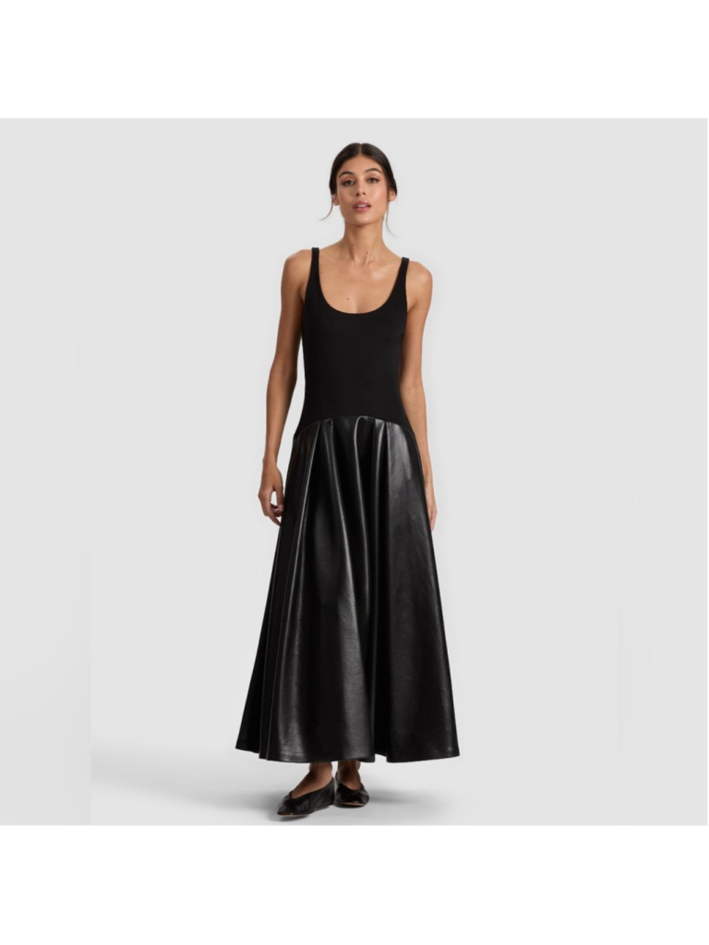 Alice + Olivia Adley Drop Waist Vegan Black Midi Dress